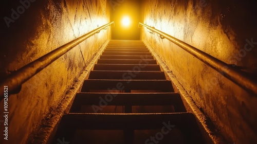 Illuminated Staircase Descent into Mystery Gold Walls Metal Railings