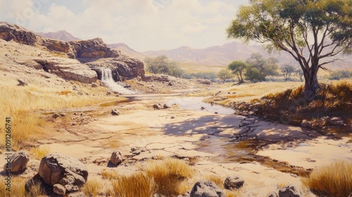 Diyaluma Falls in the dry season from a distant viewpoint revealing a nearly dried-up waterfall amid arid landscape and sparse vegetation. photo