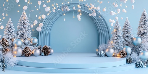 Winterinspired product stage, decorated with frosted pinecones, metallic ornaments, and subtle glowing fairy lights, against a pastel blue arched wall photo