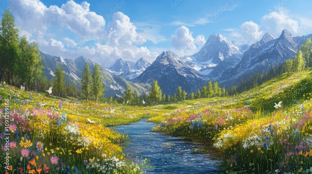 Fototapeta premium A picturesque meadow bursting with colorful wildflowers encircles a serene stream, set against majestic mountains under a brilliant blue sky scattered with fluffy clouds.