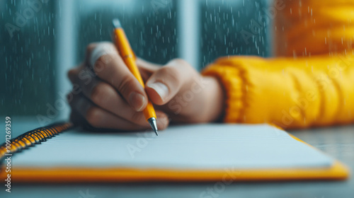 Rainy Day Reflections: A close-up shot of a hand diligently writing in a notebook, a yellow pen held firmly against a blank page. Raindrops cascade down the window behind.