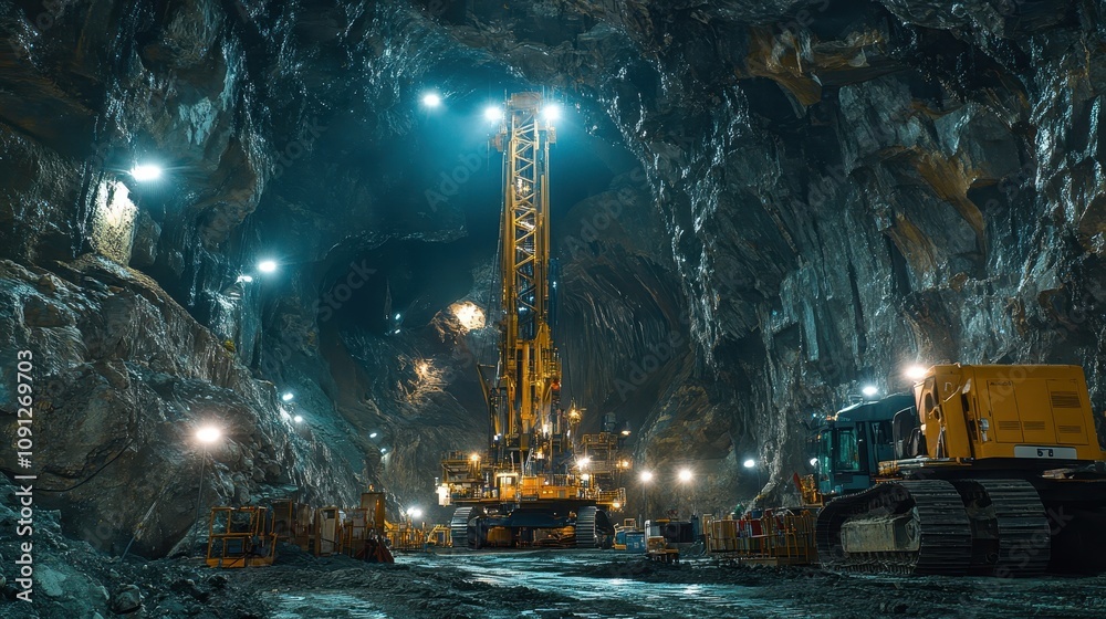 Fototapeta premium Underground Mining Operation Heavy Machinery in Cave