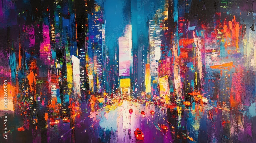 Obraz premium Vivid cityscape at twilight with dynamic streaks of color, showcasing vibrant lights and bustling energy in a lively urban environment.