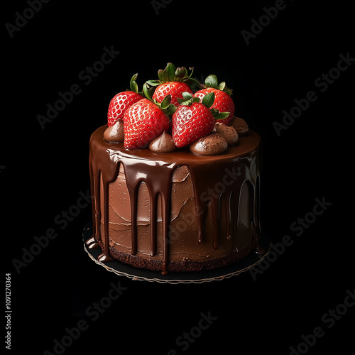 vElegant Chocolate Drip Cake Topped with Strawberries  photo