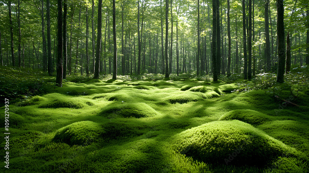 A Serene Forest Glade Carpeted with Vibrant Moss, Enhanced by Dappled Sunlight and a Gentle Flowing Stream Creating a Tranquil Wildlife Habitat