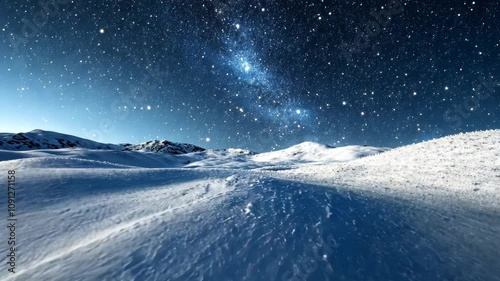 Snowy hillside under a star-filled sky, with soft, untouched snow creating a blanket of white under the cold, clear night. . Video