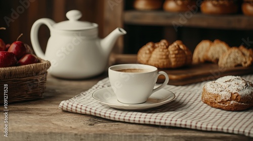A cozy scene featuring a cup of coffee, a teapot, pastries, and apples, all set on a rustic tablecloth, evoking warmth and comfort.