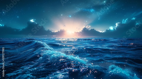 Magical ocean sunrise with glowing waves and starry sky.