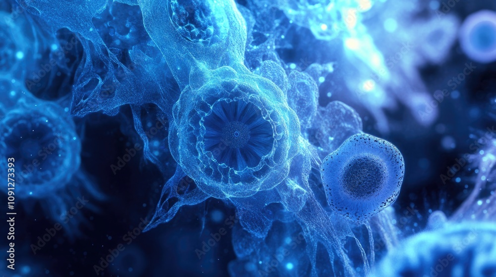 Obraz premium Close-up view of intricate bacterial structures highlighted by a glowing blue background, showcasing unique textures and organic forms.