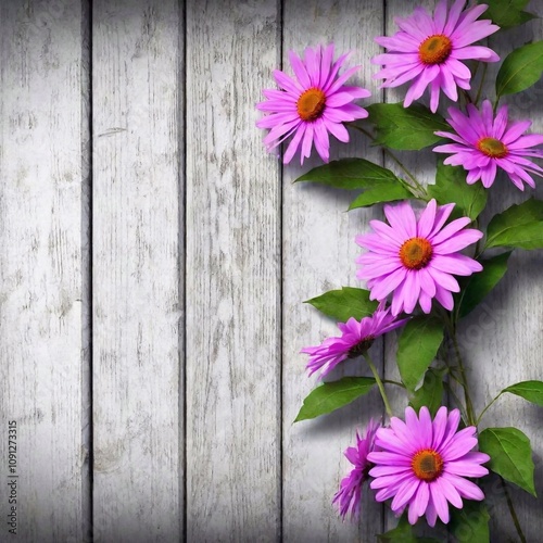 A high-resolution ultrarealistic image capturing an arrangement of delicate flowers on a rustic wooden surface. The art style is a blend of photography and digital artwork, portraying vividly detailed