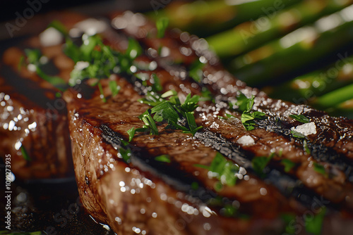 Close-up of juicy steak with caramelized crust and green asparagus, garnished with fresh herbs.