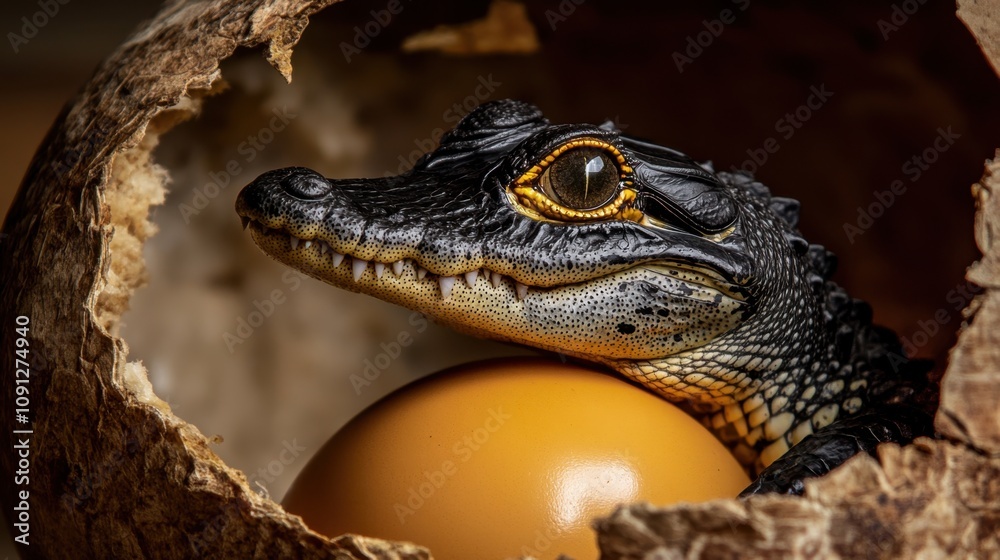 Fototapeta premium Close-up of a Baby Crocodile Emerging from an Egg, Showcasing Its Vibrant Eyes and Textured Skin Amidst an Intimate Natural Setting
