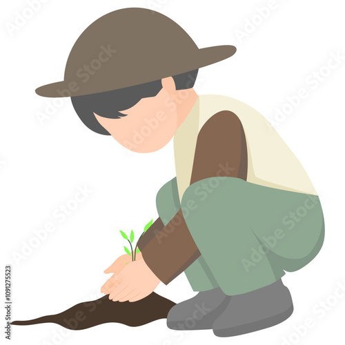 A boy planting plant seeds