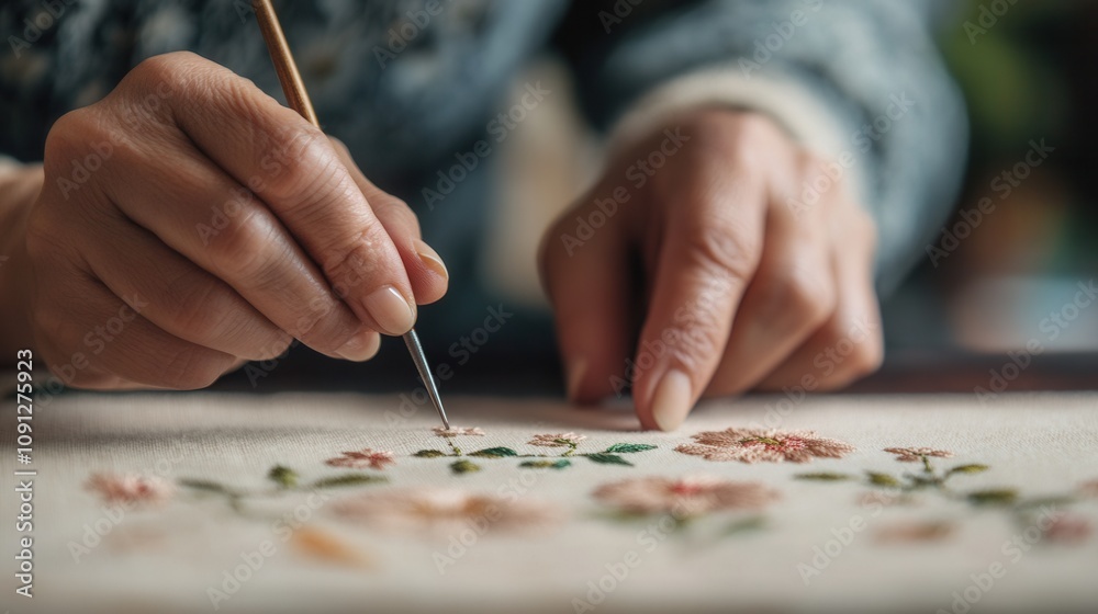 A person carefully paints floral designs using a fine brush on fabric, showcasing artistic skill and creativity. A person carefully paints floral designs using a fine brush on fabric, showcasing artistic skill and creativity.