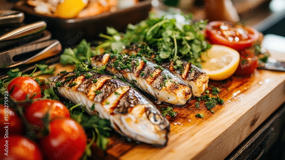 Grilled Fish Lemon Tomatoes Herbs on Wooden Board Grilled Fish Lemon Tomatoes Herbs on Wooden Board
