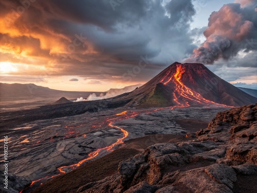 Breathtaking Conceptual Imagery of a Volcanic Landscape with Erupting Lava, Dramatic Clouds, and Unique Rock Formations Capturing the Power of Nature's Fury and Beauty photo