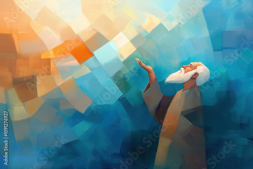 Abstract depiction of biblical Abraham gazing upward with an outstretched hand, surrounded by vibrant blue and orange hues, symbolizing faith and divine connection.
