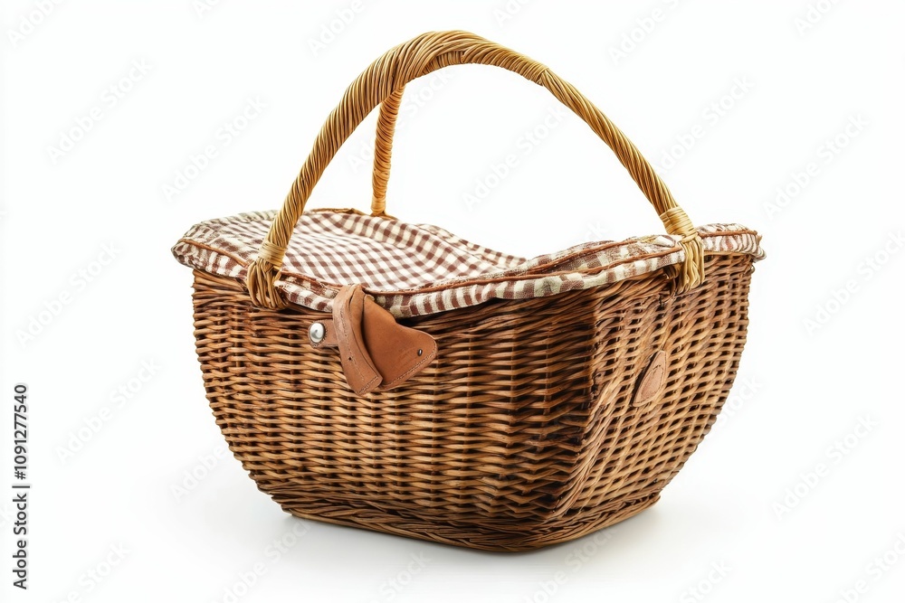 Obraz premium Empty wicker picnic basket, checkered lining.
