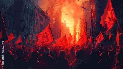 Red Flags Wave Amidst City Fire A Revolutionary Crowd Gathers