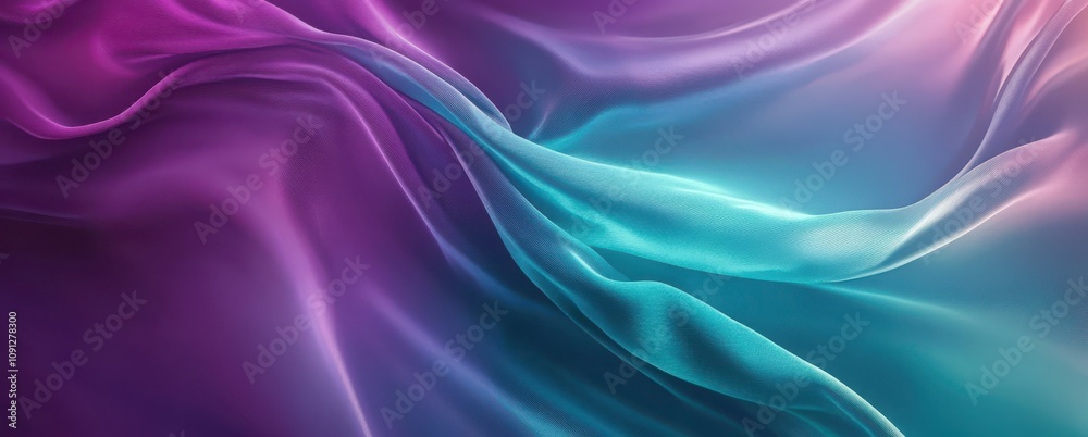 Obraz premium Ethereal Flow of Vibrant Silk Fabric with Smooth Gradients and Soft Twists in Purple and Teal Hues, Perfect for Backgrounds and Textures in Design Projects