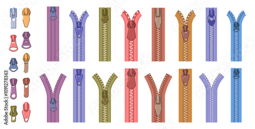 Clothing design and tailoring items. Vector in flat style, isolated set of modern and simple colorful zippers and pullers for men and women clothes. Connecting pieces of fabric, sweaters and jeans