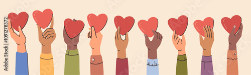 Diverse hands holding hearts. Vector multicultural volunteers with paper love symbols. Donation out of charity and solidarity, supported by global community. Social assistance of ordinary people