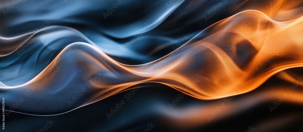 Obraz premium Ethereal Flowing Waves of Blue and Orange Light Creating a Captivating Abstract Background with Fluid Motion and Soft Textures for Artistic Design Projects