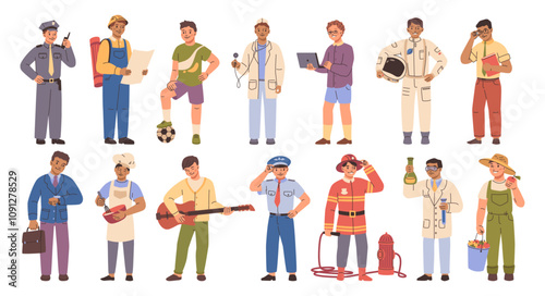 Boys in professional uniforms. Vector isolated policeman, football player and doctor, programmer and astronaut, teacher and businessman, cook and musician, pilot and fireman, scientist and farmer