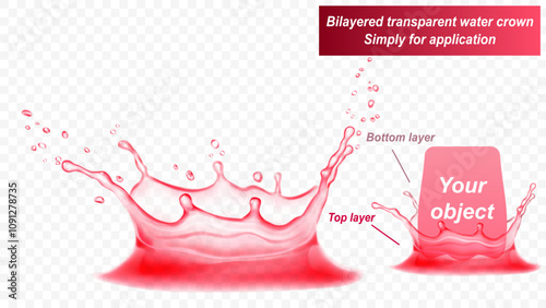 Transparent water crown consist of two layers: front and back. Splash of water in red colors, isolated on transparent background. Transparency only in vector file photo