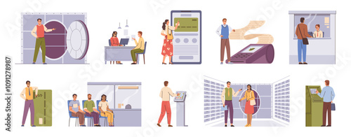 Customers and bank workers in office. Vector financial services at desk and ATM machine, counter with cashier, safe and consultant at table. Financial assets and budget banking and profit collecting