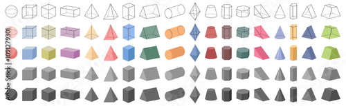 Geometric 3D shapes, solid and contours objects. Vector cube, rectangular and triangular, pentagonal and hexagonal parallelepipeds, truncated and regular cones and pyramids, cylinder and octahedron