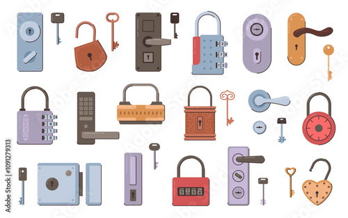 Modern cartoon metal locks and door handles with keys. Vector isolated collection of open and closed steel padlock. Office and home security set. Objects for protection or privacy at home