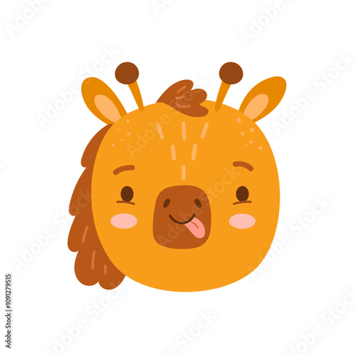 Giraffe head emoticon, african wildlife animal with long neck and spotted coat fur. Vector cute camelopard mascot smiling and showing tongue. Isolated cartoon character from reserve or zoo park