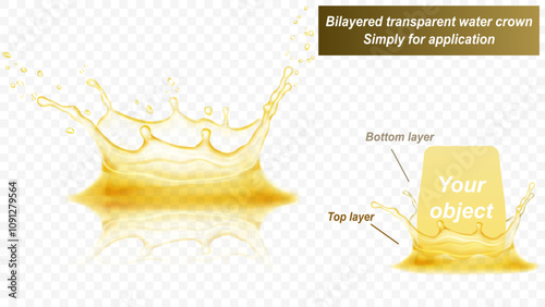 Transparent water crown with reflection, consist of two layers: front and back. Splash of water in yellow colors, isolated on transparent background. Transparency only in vector file