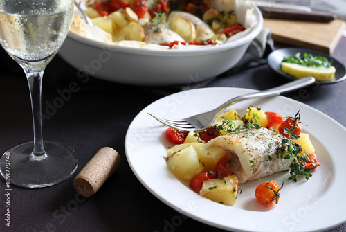 Un piatto con filetti di merluzzo al forno con gustosi pomodorini e patate. Concetto di cibo sano. Direttamente sopra. photo