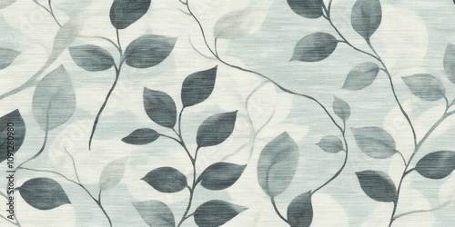 A soft, muted pattern of leaves and branches in shades of gray and blue.