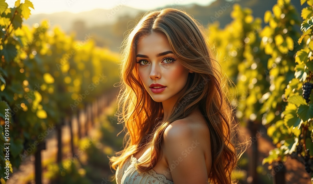 Fototapeta premium Model in a lush vineyard