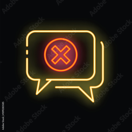 Neon speech bubble showing a cross sign representing a communication breakdown, misunderstanding, or disagreement