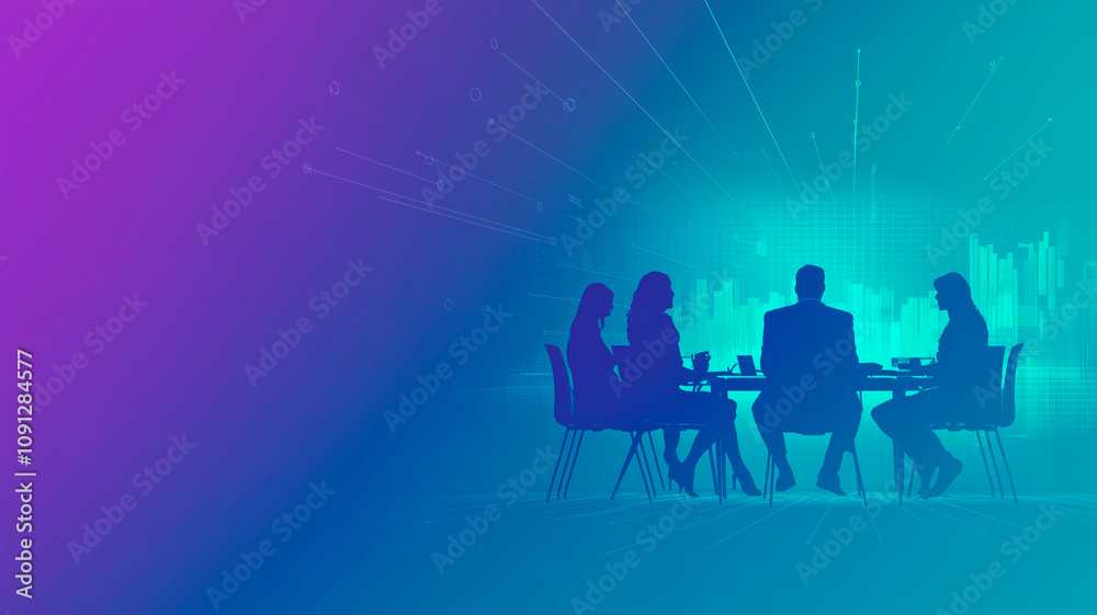 A corporate team silhouetted against a high-tech background with glowing data and financial charts. A corporate team silhouetted against a high-tech background with glowing data and financial charts.