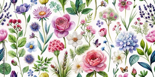 Watercolor Floral Seamless Pattern with Roses, Butterflies, and Leaves, botanical , floral pattern