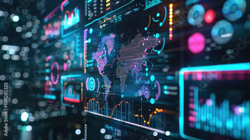 Digital world map with data visualization and analytics interface