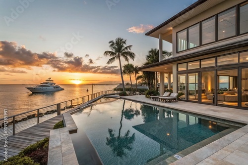 Breathtaking panoramic view of an ultraluxury waterfront mansion featuring an infinity pool, private yacht dock, and stunning ocean vistas, showcasing opulent living and serene surroundings. photo