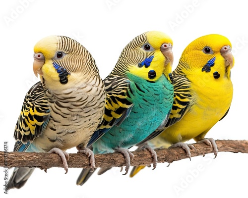Three vibrant budgies perch on a branch, their colorful feathers gleaming against a stark white background. A lively scene showcasing the beauty of these small birds.
