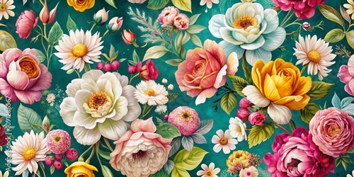 Seamless Floral Pattern with Vibrant Roses, Daisies, and Green Foliage on Teal Background, floral pattern, floral background
