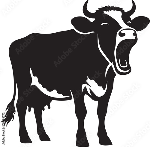 A silhouette of a cow with a sleepy yawn