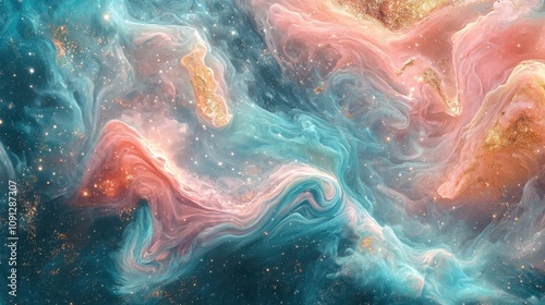 A cosmic nebula background with swirling clouds of turquoise, pink, and gold set against a starry expanse. The ethereal colors and glowing textures feel dreamy and limitless. A captivating celestial  photo