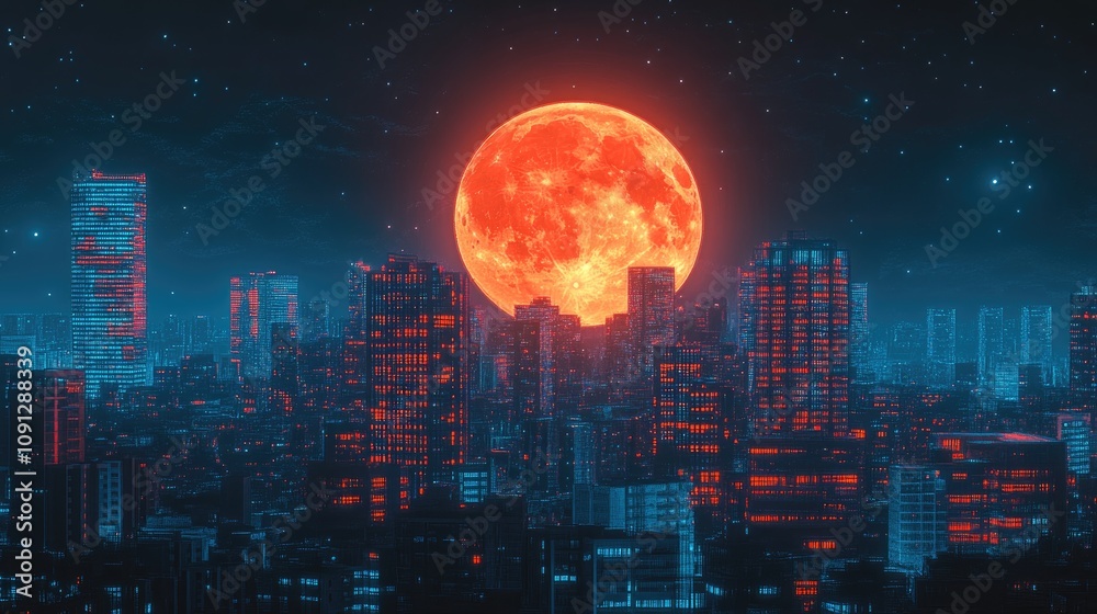 Dramatic orange supermoon rising over a vibrant city skyline illuminated by night lights, highlighting the interplay of astronomy and urban beauty. Dramatic orange supermoon rising over a vibrant city skyline illuminated by night lights, highlighting the interplay of astronomy and urban beauty.