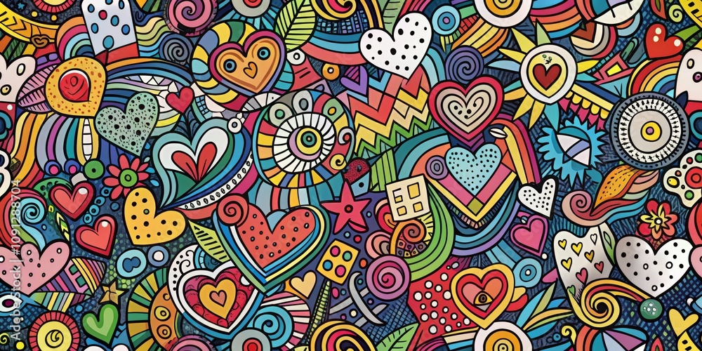 Naklejka premium Colorful Doodle Heart Pattern Seamless, abstract , doodle , pattern , texture , background , art