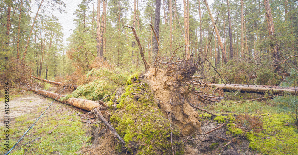 Fototapeta premium Forest with a large fallen tree in the middle