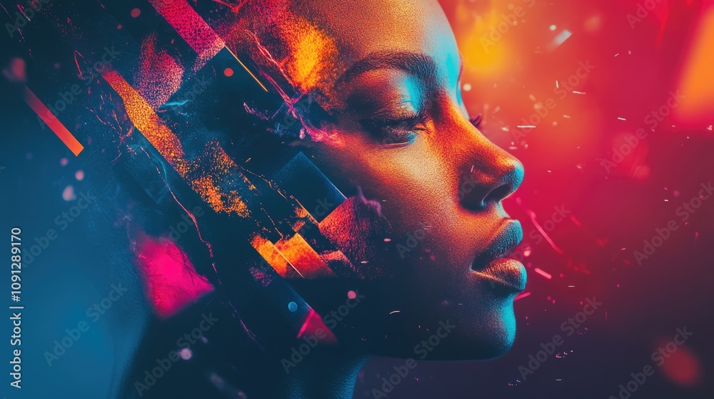 Obraz premium A vibrant close-up of a thoughtful creator's profile, featuring an artistic fusion of color and light that symbolizes the blend of creativity and technology.